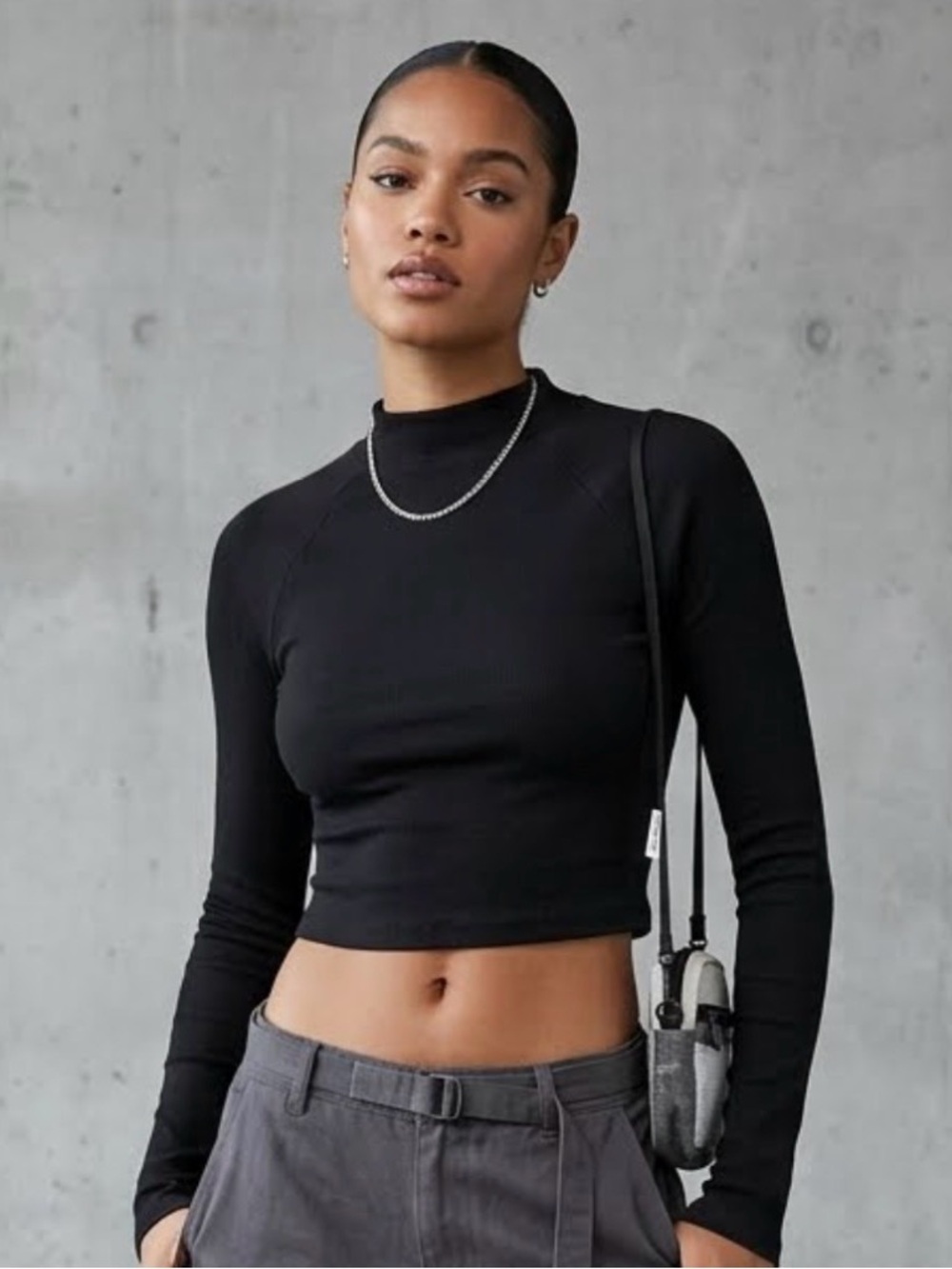 Zara long raglan sleeve cropped mock-neck top in black